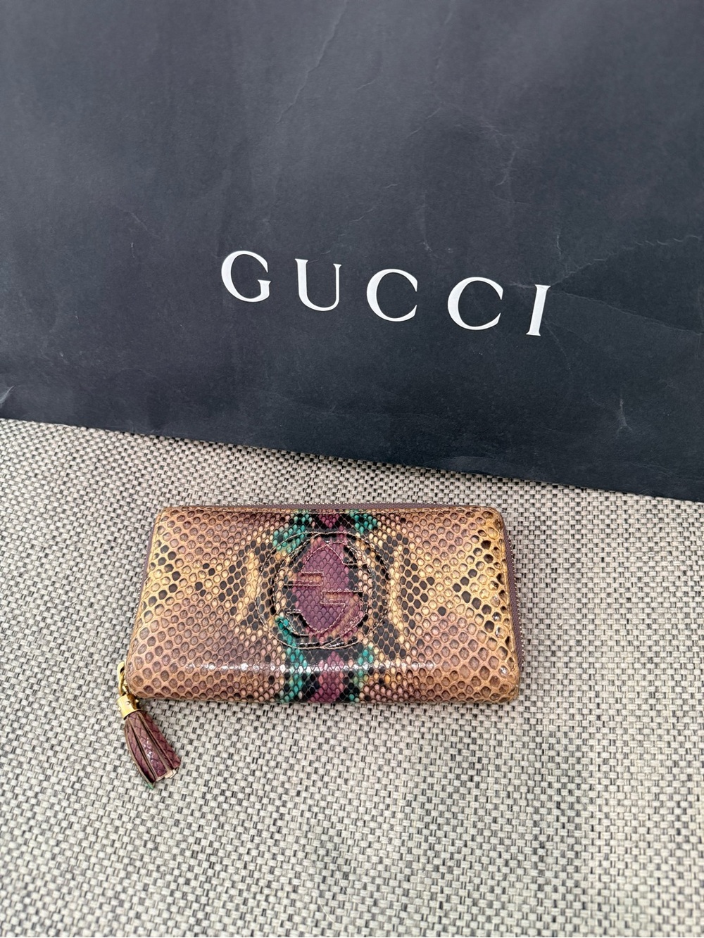Gucci Brown Python Zip Wallet with Green & Red Stripe